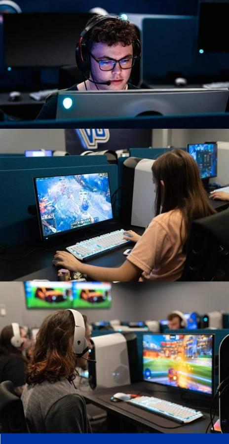 Collage of GVSU students playing games in the LEC during drop-in gaming